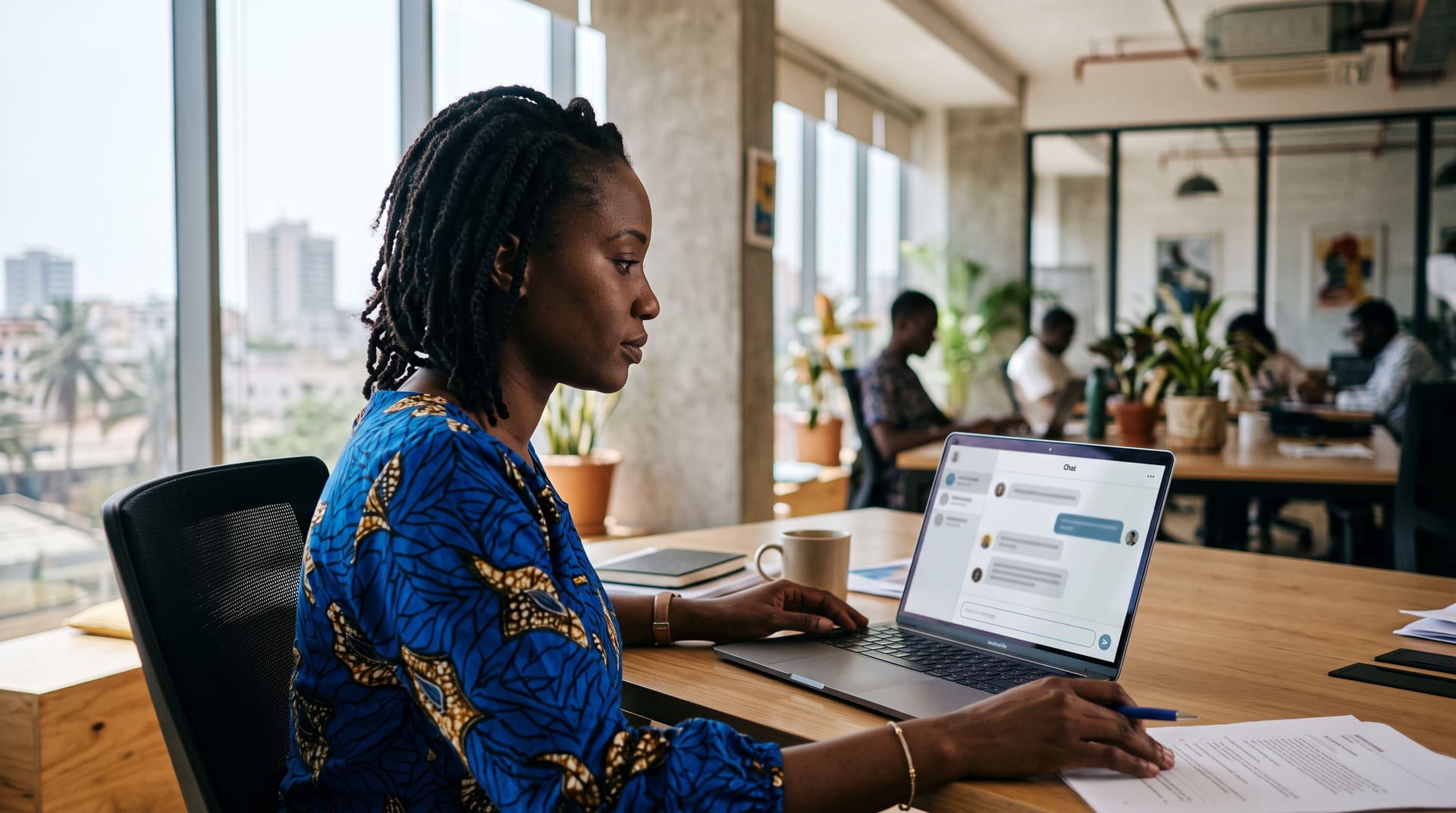 Entrepreneur consultant une interface de conversation sur un ordinateur portable, à Dakar