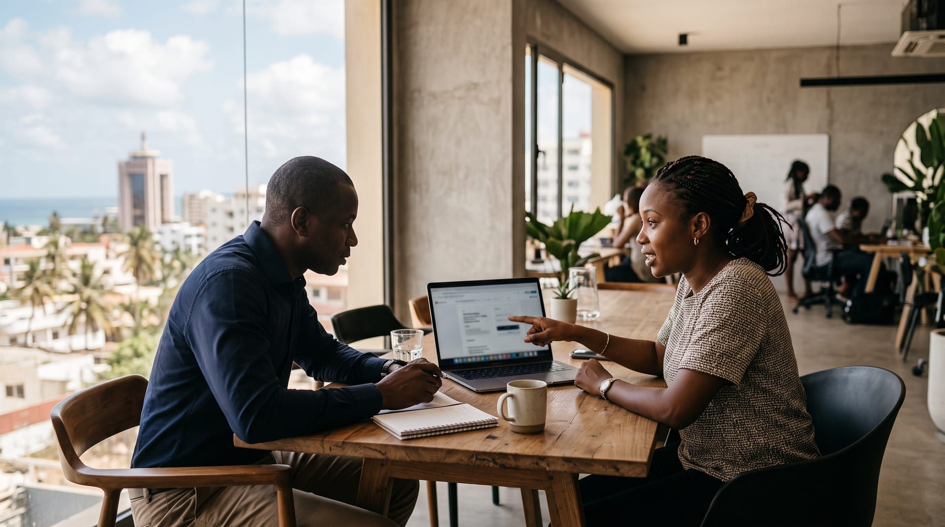 Client et consultant web examinant un projet de site ensemble, à Dakar
