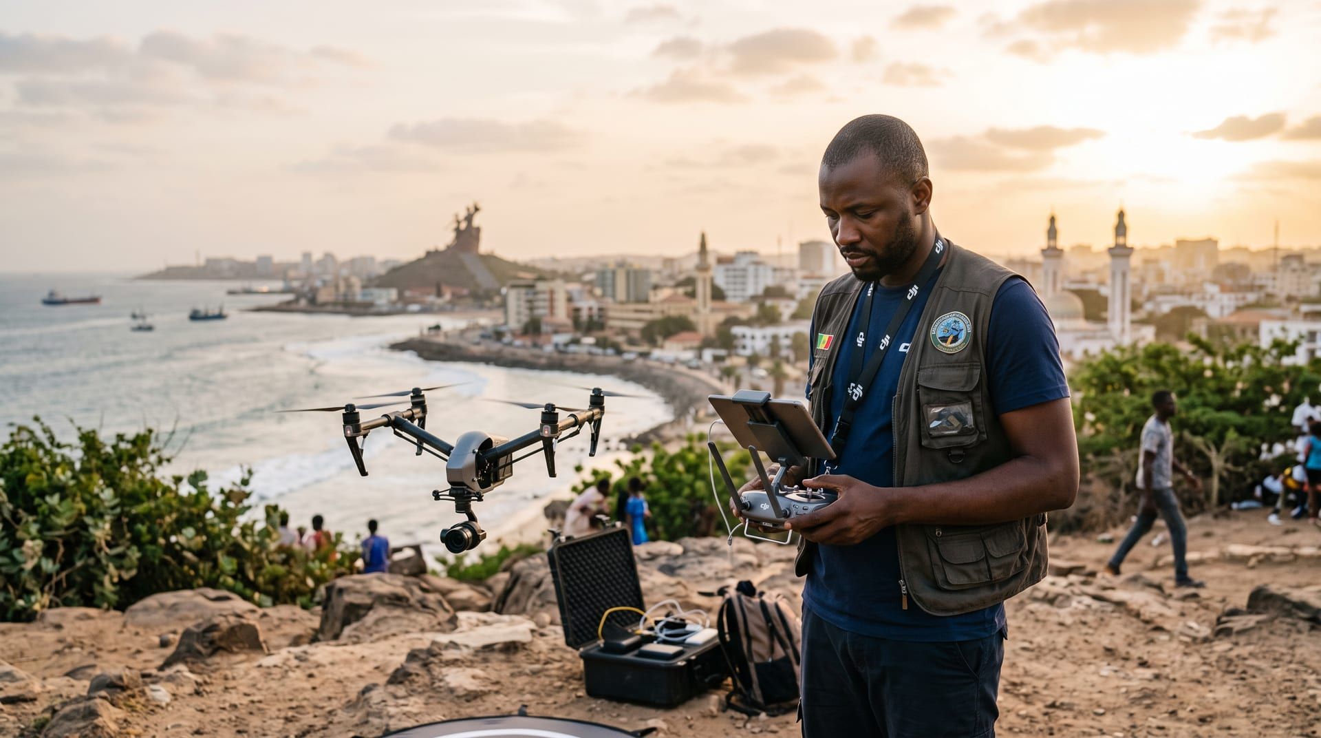 Pilote de drone professionnel en extérieur à Dakar, silhouette de la ville en arrière-plan