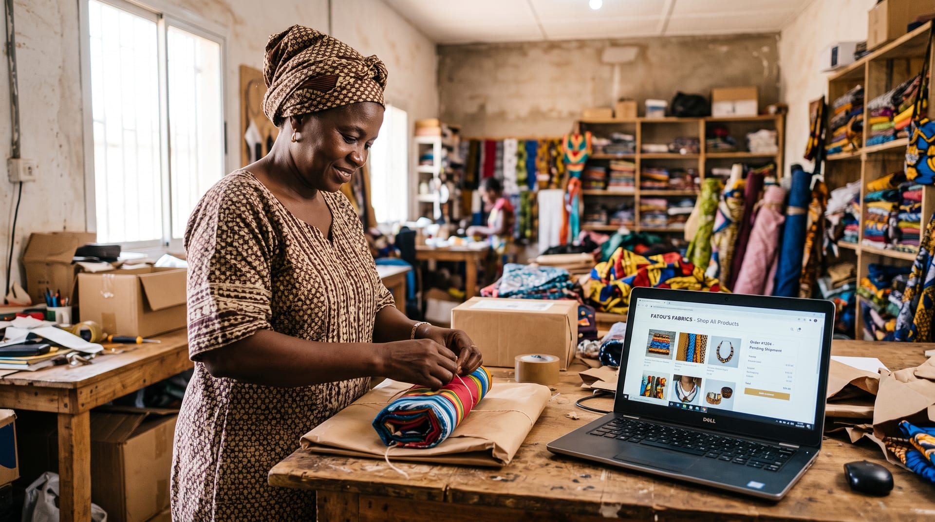 Commerçante préparant une commande en ligne à côté de son ordinateur portable, au Sénégal