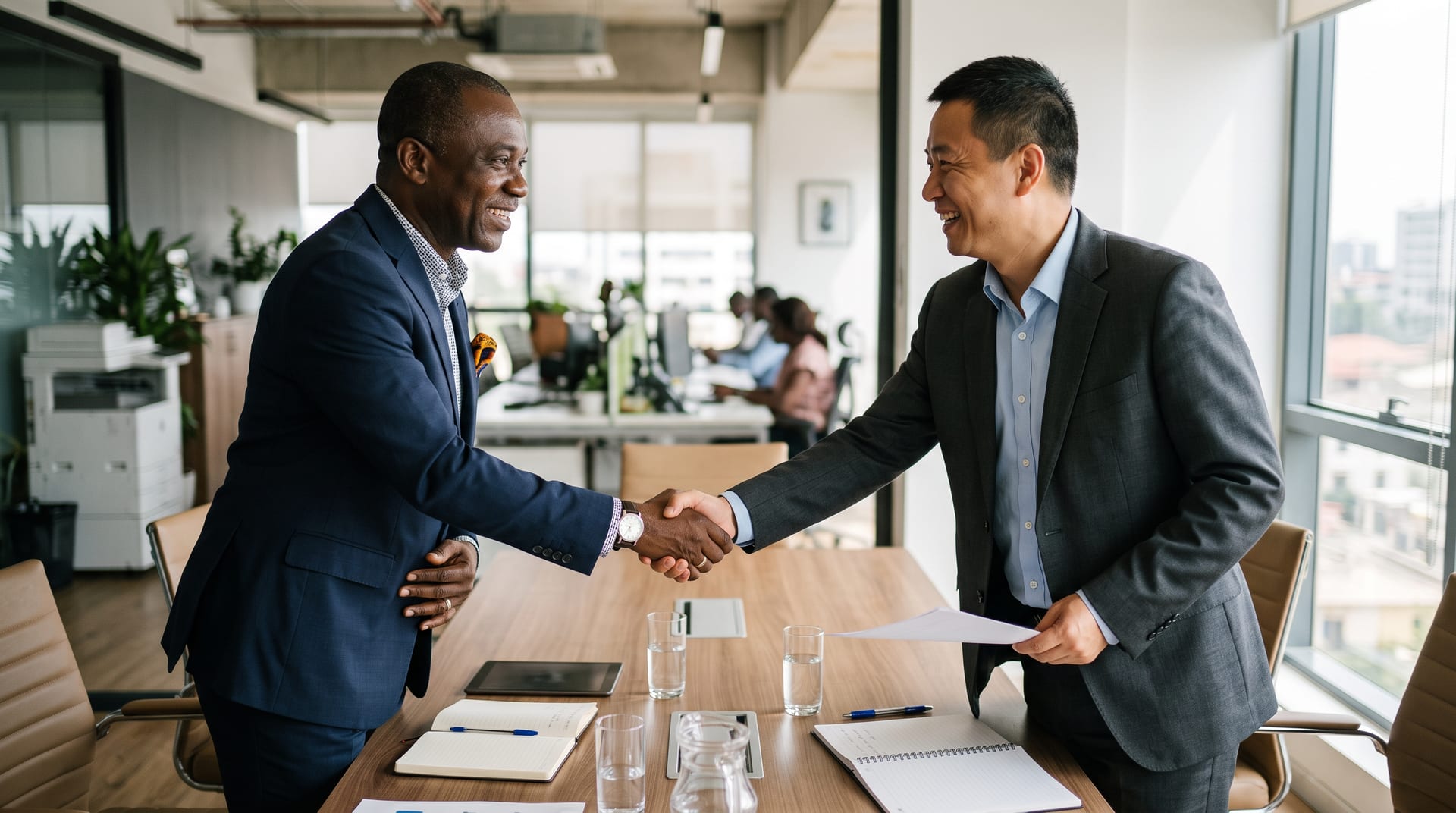 Poignée de main entre un entrepreneur ouest-africain et un partenaire chinois