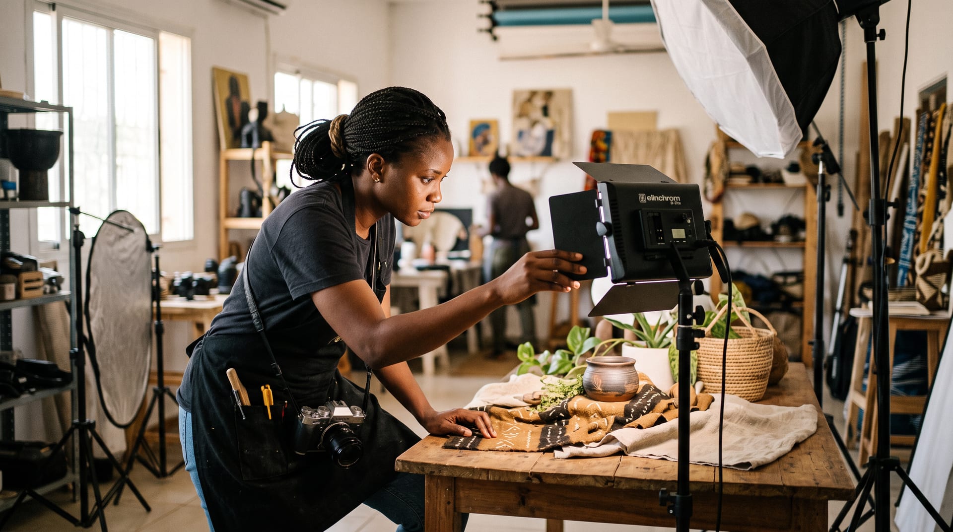 Photographe professionnel réglant un éclairage de studio pour une prise de vue produit