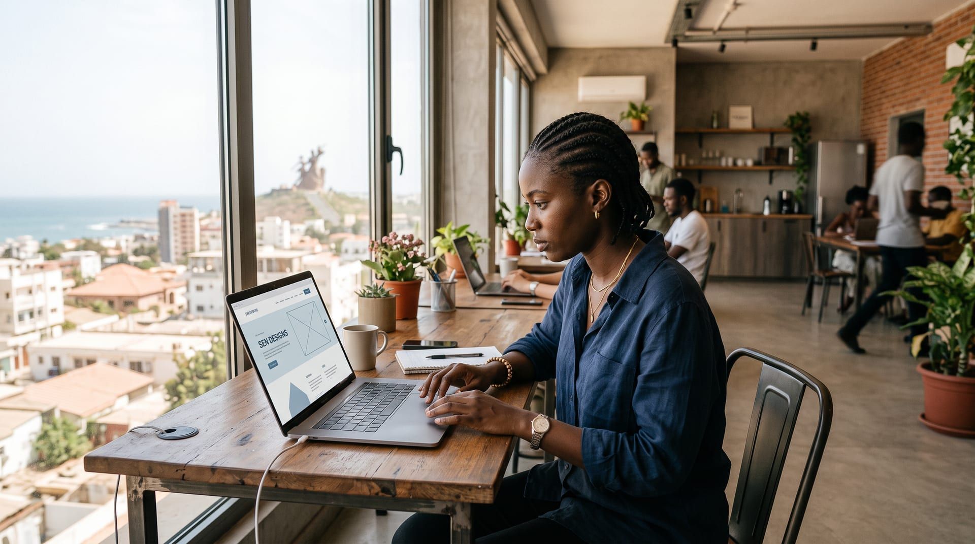Concepteur web travaillant sur la maquette d'un site professionnel, à Dakar