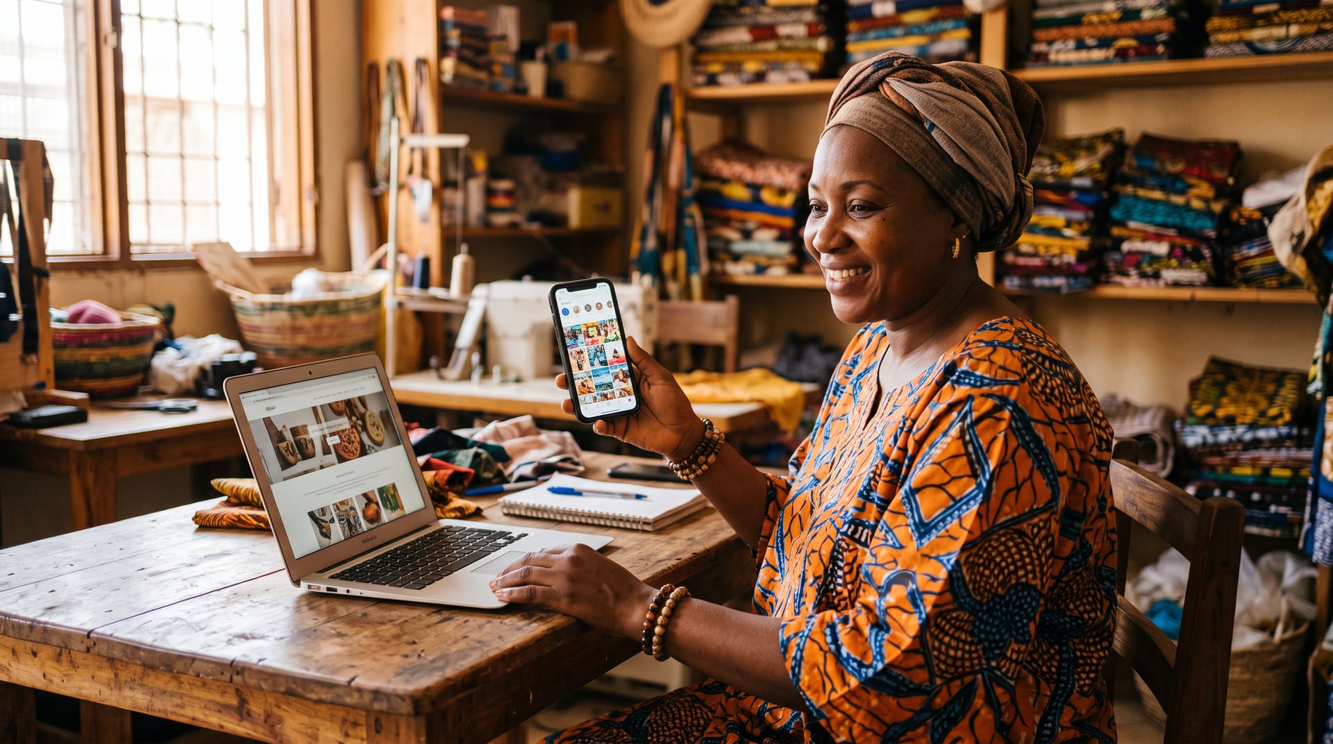 Commerçante à Dakar consultant son téléphone et un ordinateur portable affichant son site
